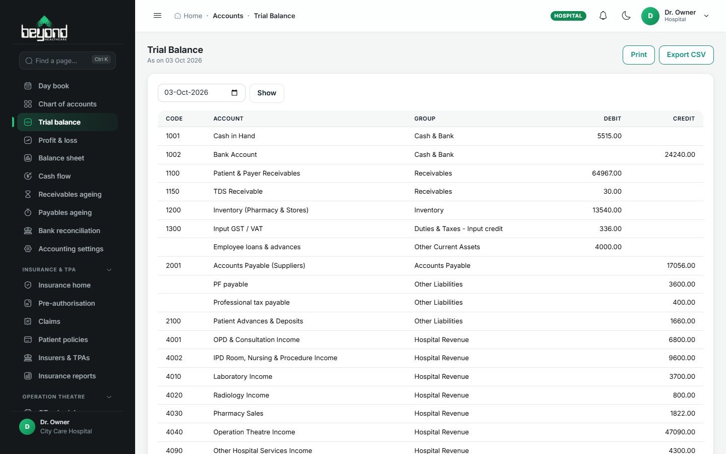 Accounts screen